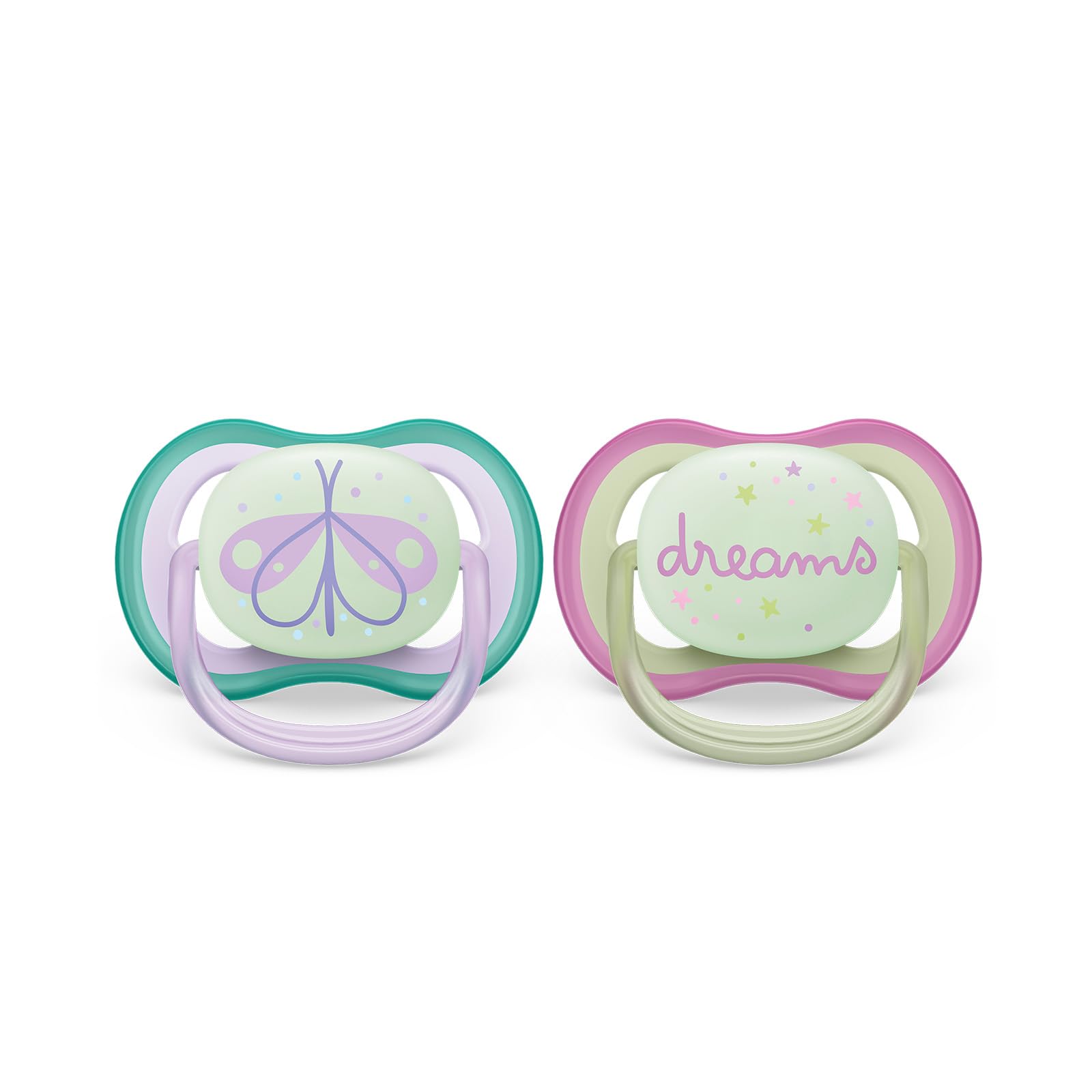 Philips Avent Ultra Air Pacifier - 2X Lightweight, Breathable, Glowing in The Dark Pacifiers for Children Aged 0-6 Months Without bisphenol A, with sterilizer case (Model SCF376/19)