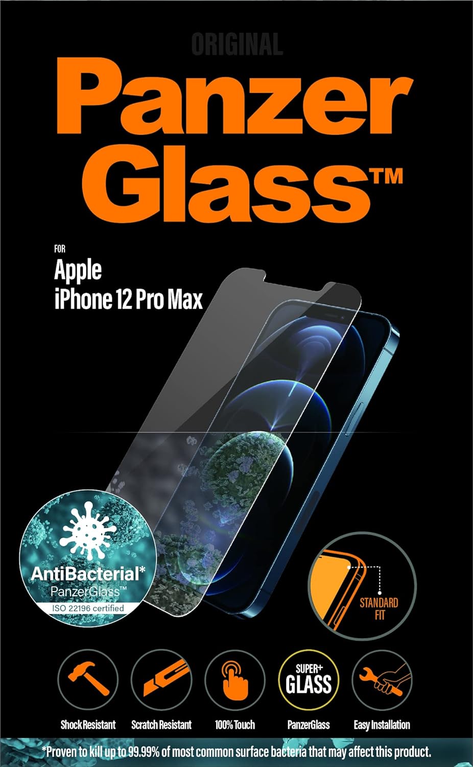 Panzerglass Antibacterial protective glass suitable for Apple iPhone 12 Pro Max, standard fit.