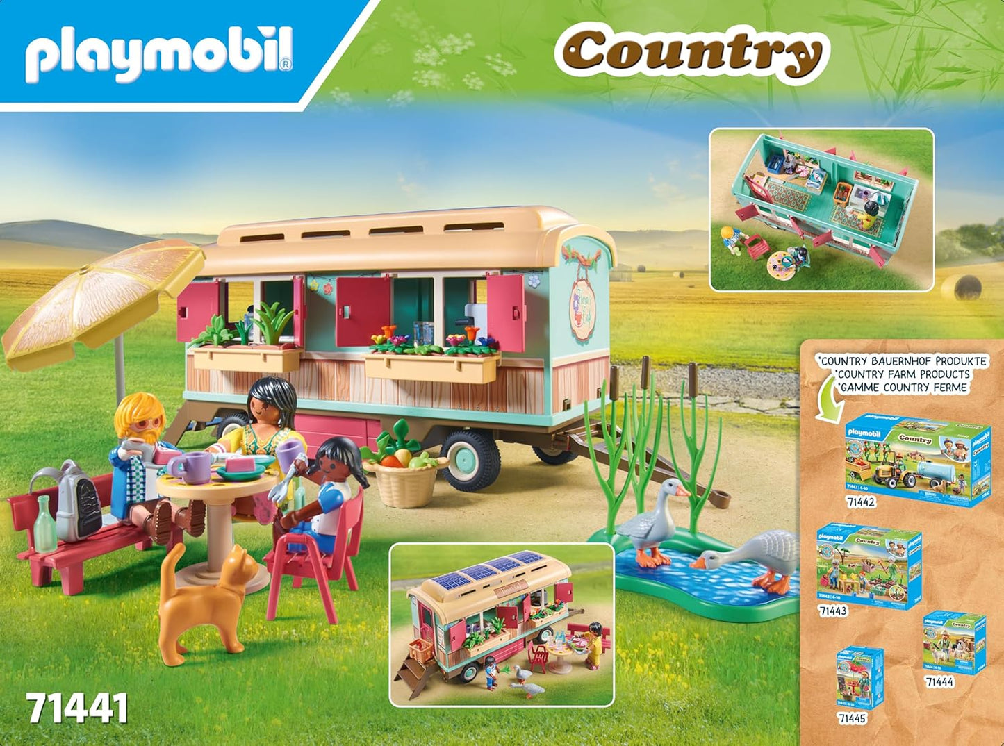 PLAYMOBIL Country 71441 Gezellig woonwagencafé, met gedetailleerde uitrusting en een ganzenvijver, leuk fantasierijk rollenspel, duurzaam speelgoed voor kinderen vanaf 4 jaar