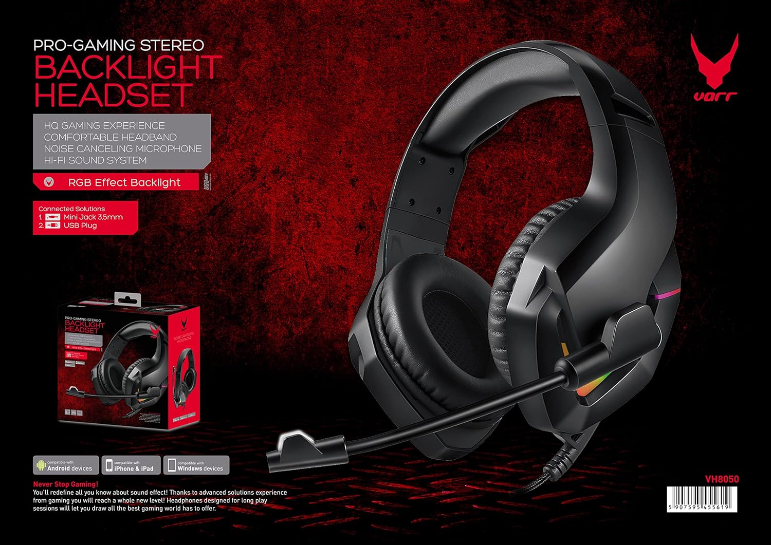 Varr Auriculares Gaming RGB Mic VH8050 con subwoofer estéreo y micrófono, Negro
