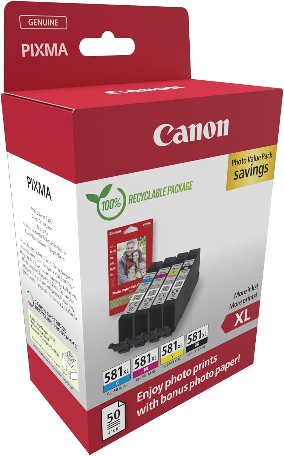 Canon CLI-581 XL C M Y BK Vorteilspack 4 Tintenpatronen größere Reichweite XL (Schwarz XL, Cyan XL, Magenta XL, Gelb XL) Original