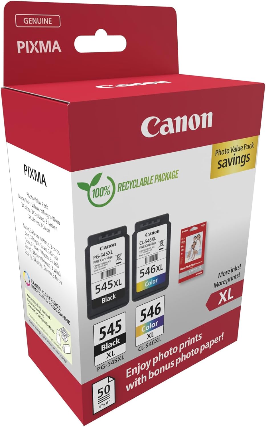 Canon PG-545 XL CL-546 XL Vorteilspack 2 Tintenpatronen größere Reichweite XL (Schwarz XL, Farbe XL) Original +50 Blatt 10x15cm Photo Paper