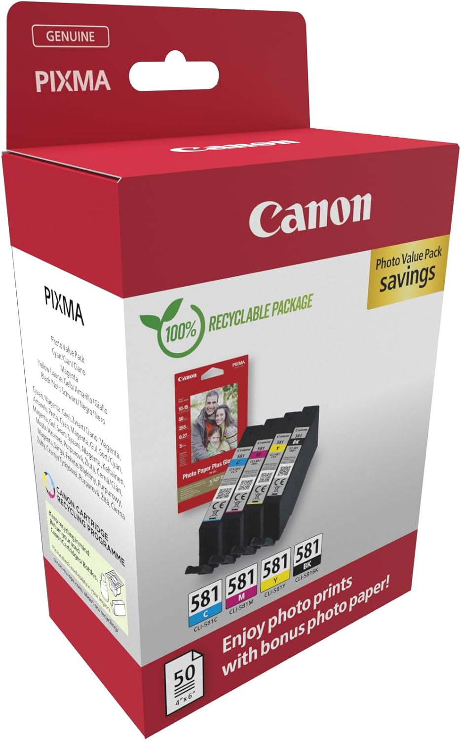 Canon CLI-581 C M Y BK Vorteilspack 4 Tintenpatronen (Schwarz, Cyan, Magenta, Gelb) Original +50 Blatt 10x15cm Photo Paper