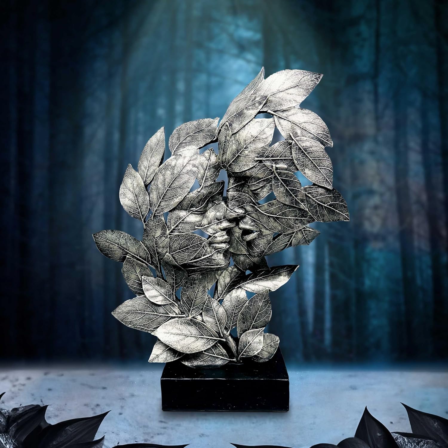 Nemesis Now Natural Emotion - Kiss 37cm, Resin, Silver, Kissing Couple Leaves Sculpture, Wedding or Valentine's Day Gift, Ideal For Nature & Art Lovers, Cast in the Finest Resin, Expertly Hand-Painted