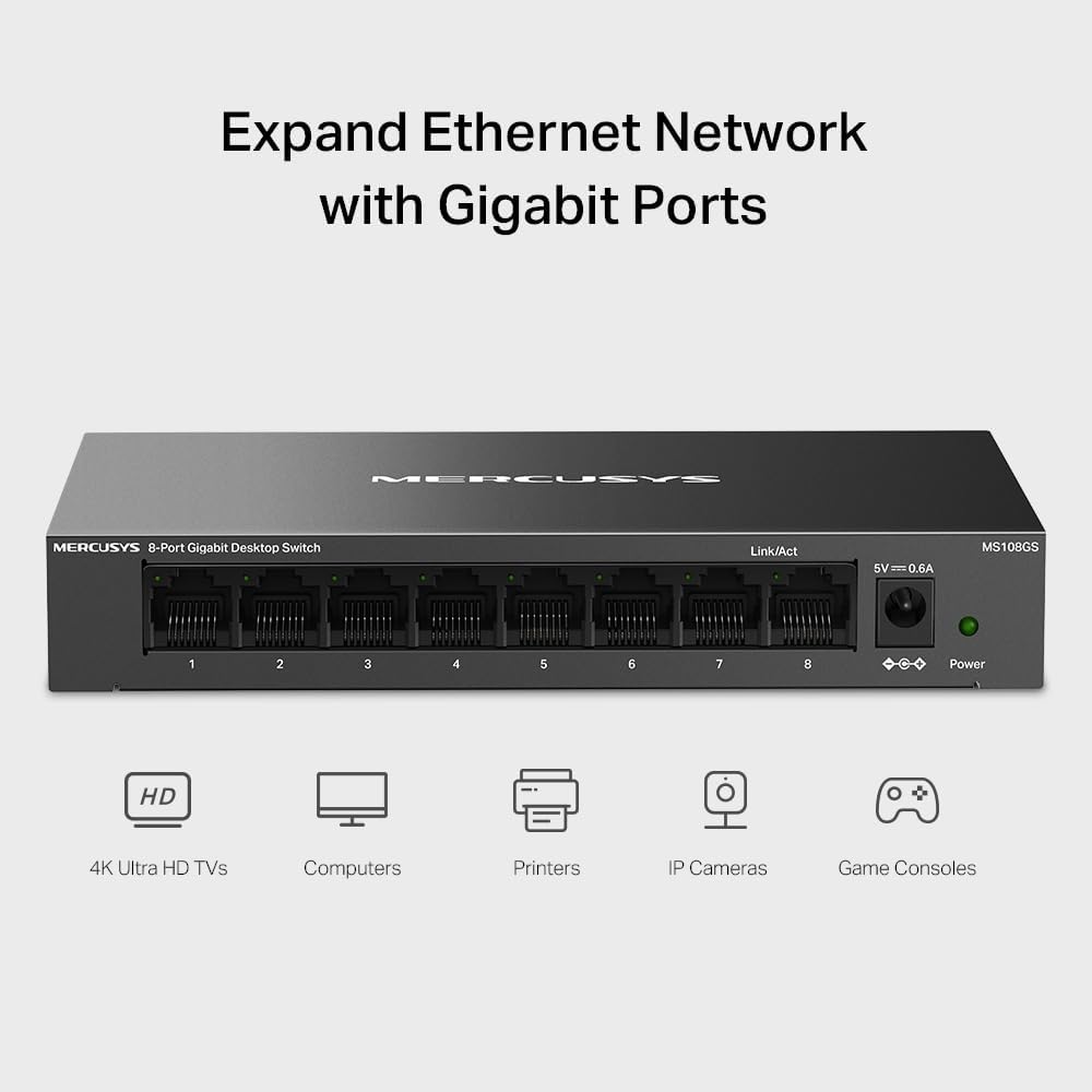 MERCUSYS 8-Port Gigabit Desktop Switch, 8× 10/100/1000Mbps Ports, Multiple Installation, Auto-Negotiation, Auto-MDI/MDIX, Power Saving, Metal case, Plug & Play, No Configuration Required (MS108GS
