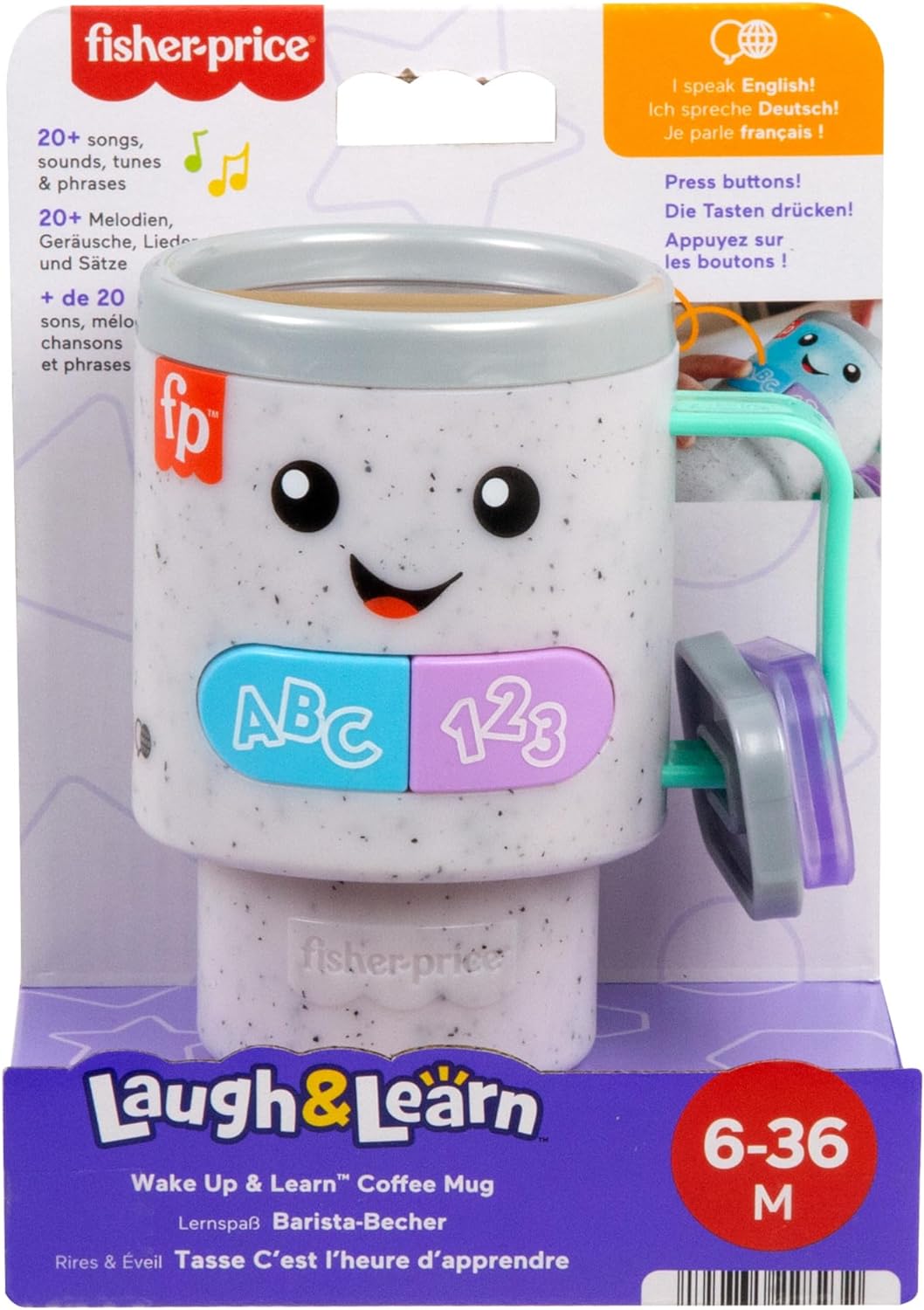 Fisher-Price Laugh & Learn Baby & Toddler Toy Wake Up & Learn Coffee Mug with Lights & Music for Ages 6+ Months, Multilanguage Version, HXF49