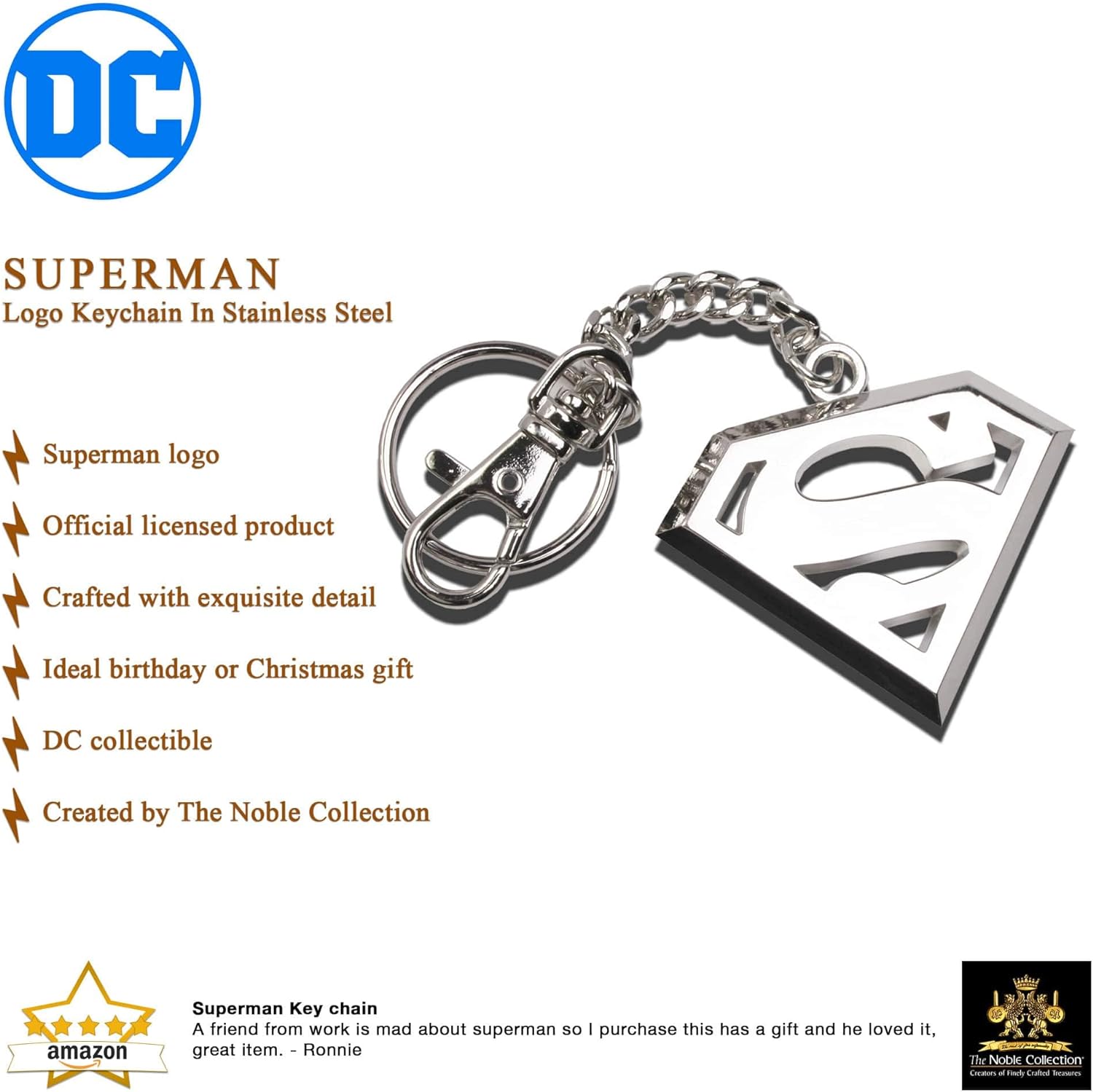 The Noble Collection DC Comics Superman Logo Keychain In Stainless Steel - 5in (13cm) Superman Sigil Film Set Movie Props Gifts Merchandise