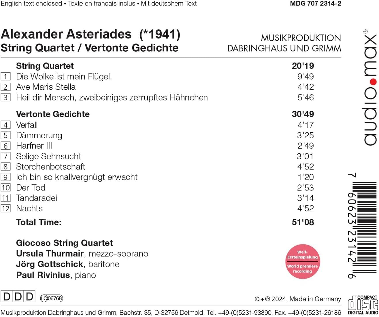 Alexander Asteriades: String Quartet & Vertonte Gedichte