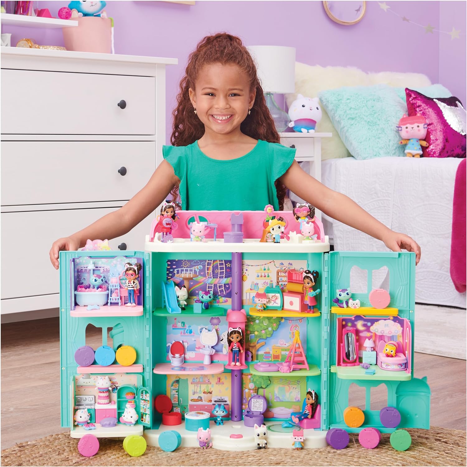 Gabby’s Dollhouse, Primp and Pamper Bathroom with MerCat Figure, 3 Accessories, 3 Furniture Pieces and 2 Deliveries, Kids’ Toys for Ages 3 and above