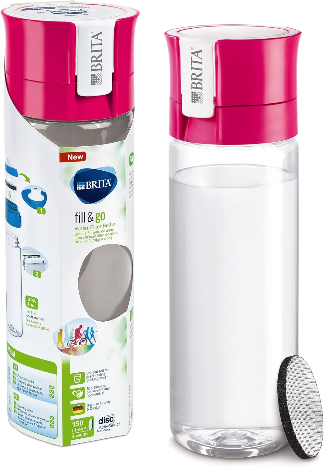BRITA S1184 Fill and Go Vital Water Filter Bottle, Pink, Pack of 1 incl. 1 MicroDisc
