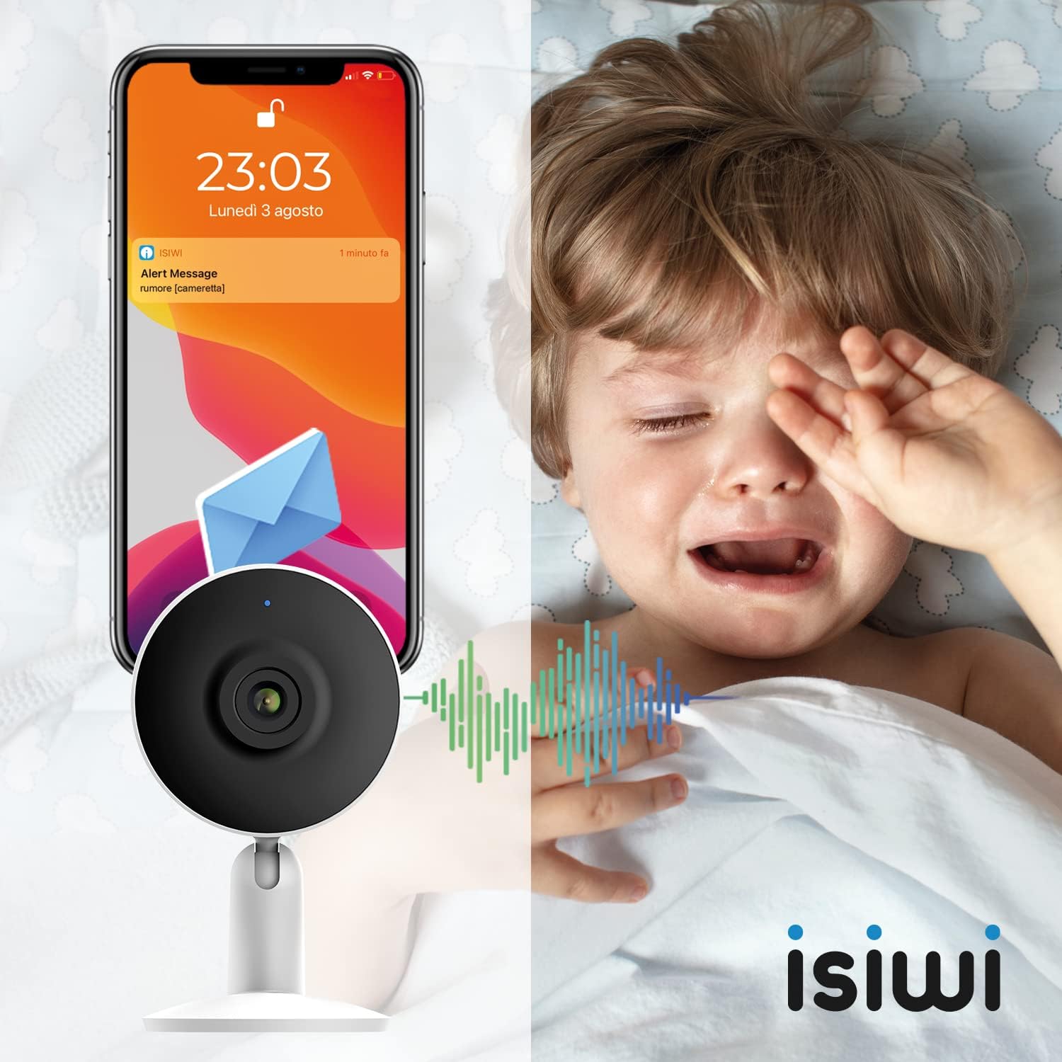 Isiwi Tini Telecamera IP wiFi interno sorveglianza. Rilevazione di movimenti e suoni, Audio bidirezionale,Visione Notturna, Compatibile con Alexa/Google, App per smartphone, 4MP (ISW-BFIT4M