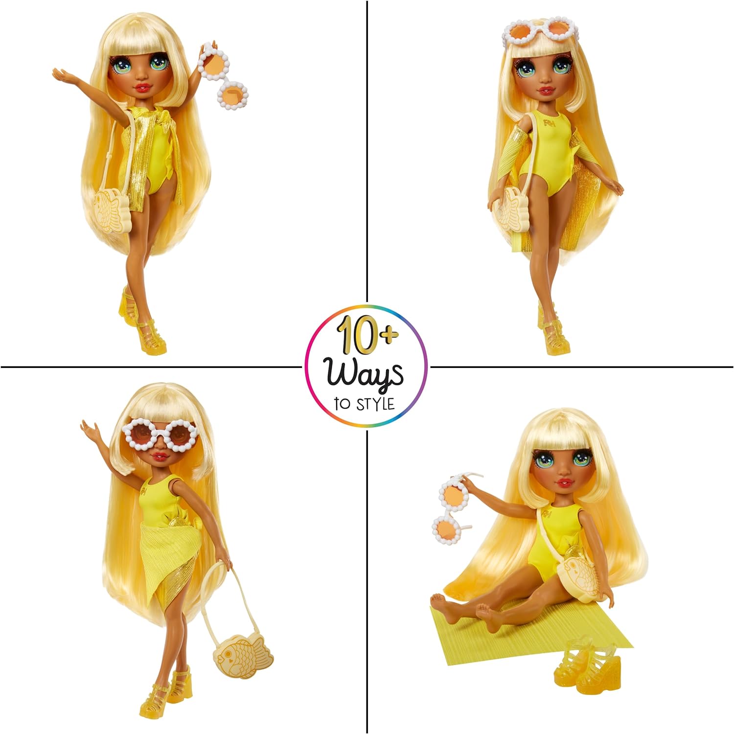 Rainbow High Swim & Style Sunny (Yellow) 11” Doll with Shimmery Wrap to Style 10+ Ways, Removable Swimsuit, Sandals, Fun Play Accessories. Kids Toy Gift Ages 4-12 Years
