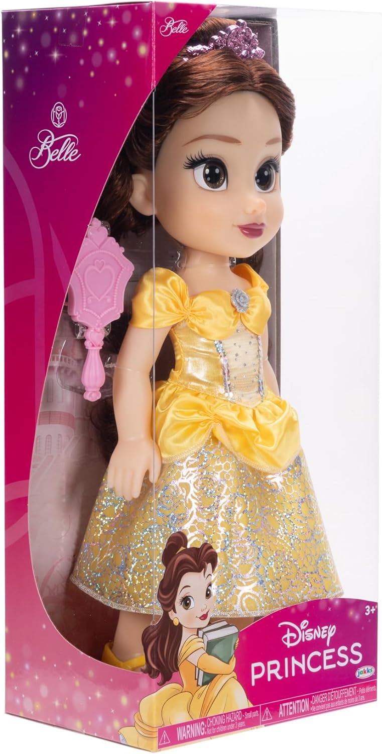 Disney Princess Belle Doll, 14” / 35cm Tall Doll with Royal Reflection Eyes Includes Shimmery Platinum Holofoil Printed Removable Dress, Shoes, Tiara and Brush. Perfect for Girls Ages 3+