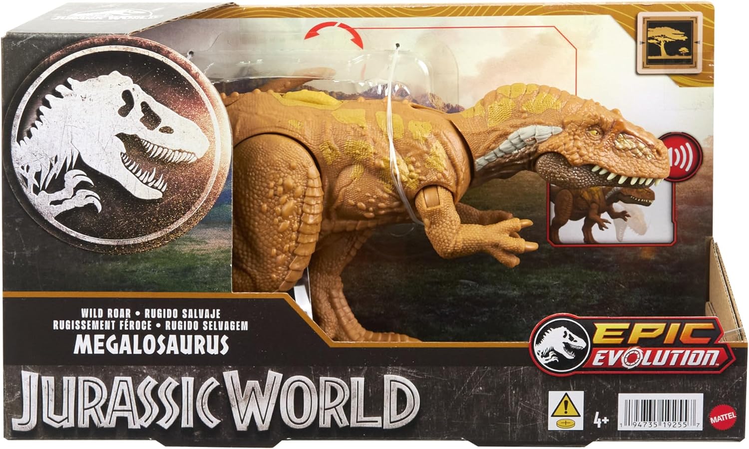 Mattel- Jurassic World Wild Roar Megalosaurus Figuras de Acción, Multicolor (HTK73