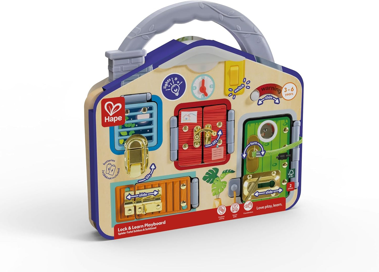 Hape Lock & Learn Playboard – Unlocking Adventure, Develop Fine Motor Skills, Includes Latches, Clock & Light, 3Y+