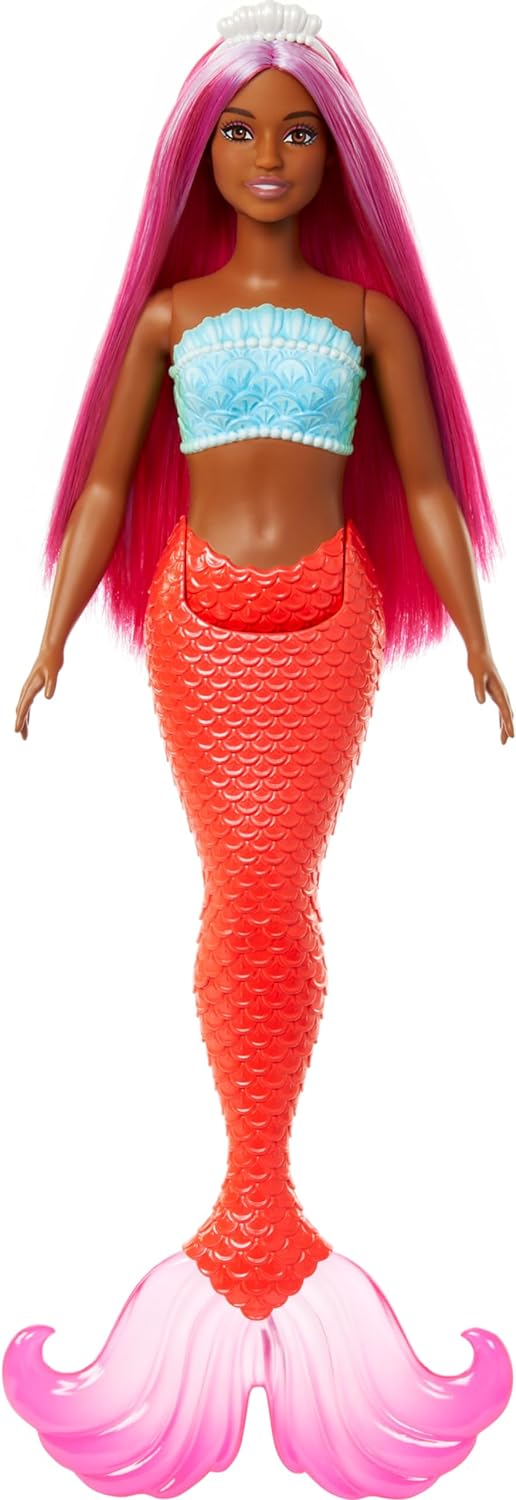 Barbie Muñeca Sirena con Cabello de fantasía Magenta y Diadema, Cuerpo con Curvas, corpiño de Conchas y Cola Tropical roja - para niños y niñas + 3 años, HRR04