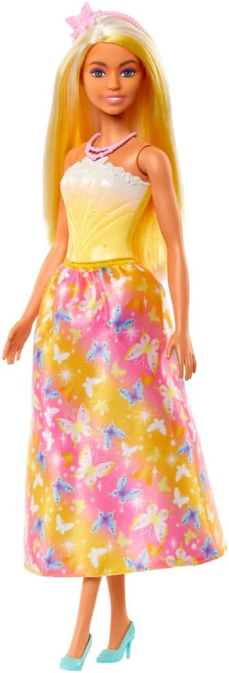 Barbie Royal Doll with Brightly Highlighted Fantasy Hair, Colorful Accessories, Yellow Ombre Bodice and Butterfly-Print Skirt, HRR09