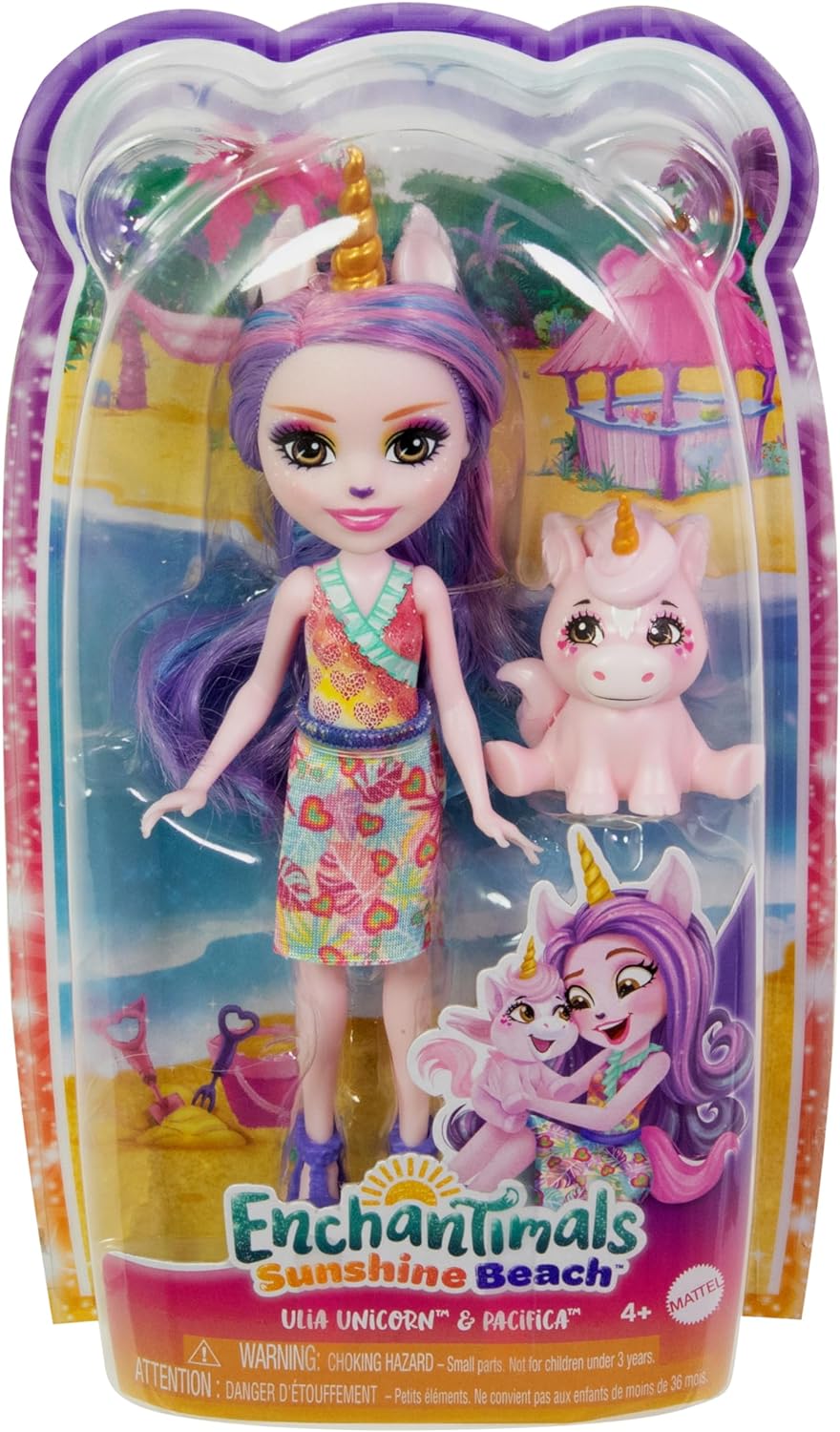 Enchantimals Dolls, Sunshine Beach Ulia Unicorn Doll and Pacifica Animal Friend, Small Doll with Removable Skirt and Accessories, Gifts for Kids, HRX84