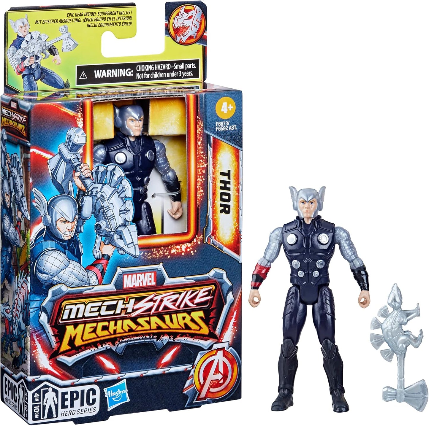 Marvel Mech Strike Mechasaurs, 4-Inch Thor Action Figure with Dino Weapon Accessory, Super Hero Toys for Kids Ages 4 and Up