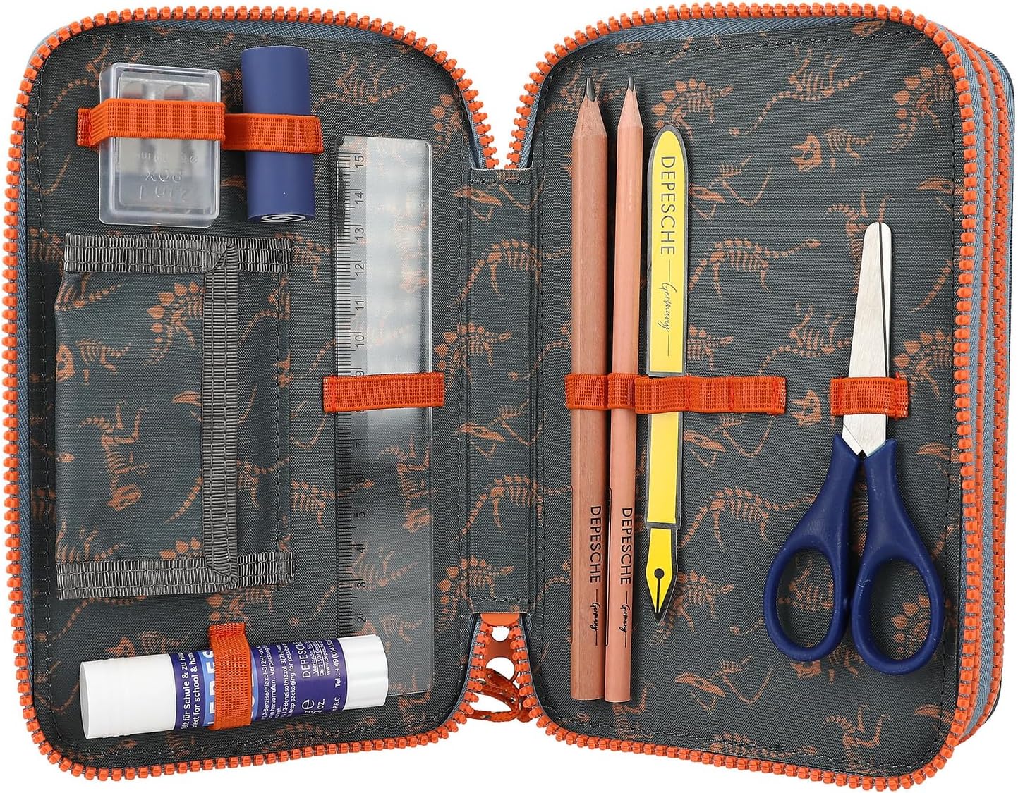 Depesche Dino World 3-Compartment Pencil Case, includes stationery, smoke blue, for children from 0 years