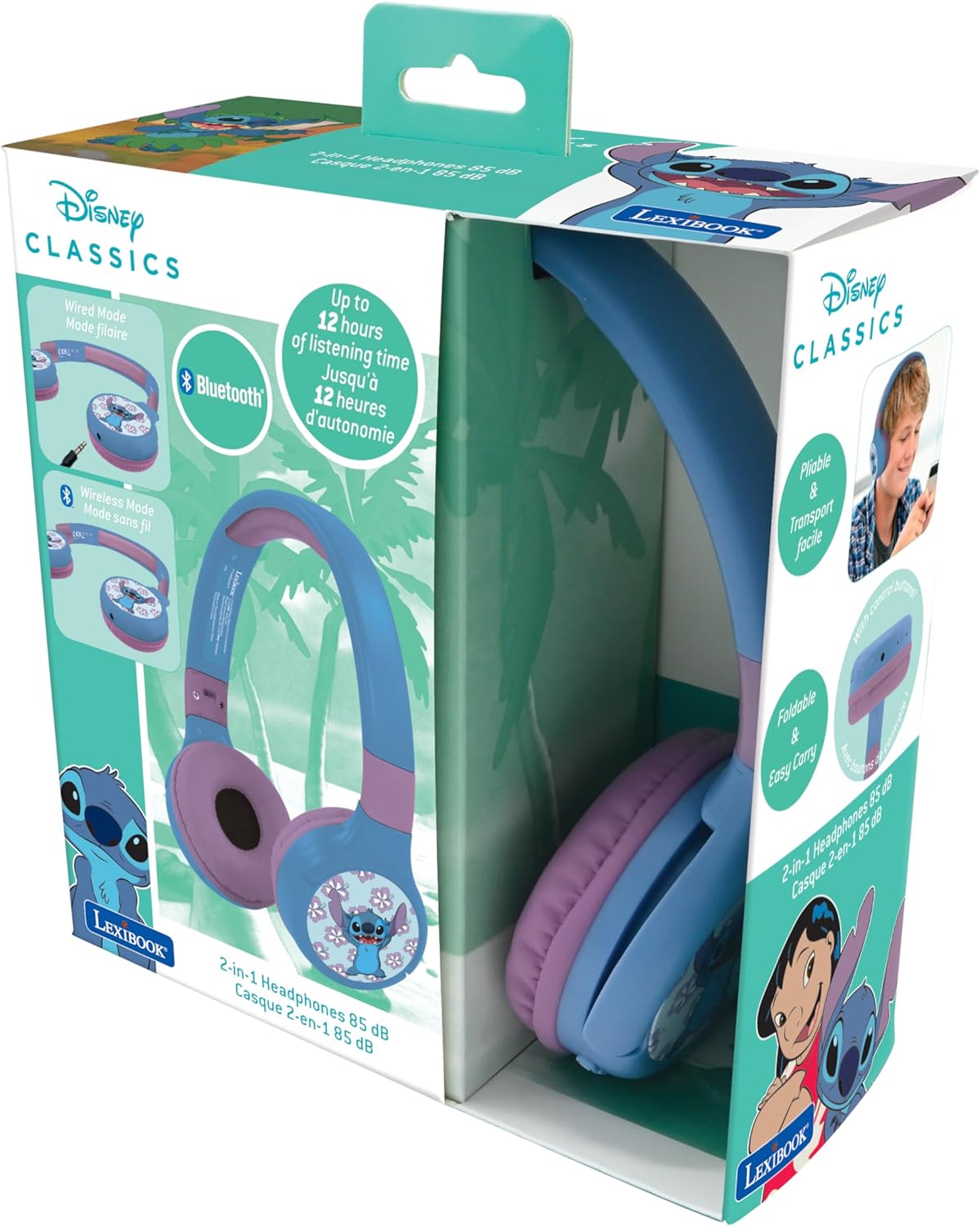 Lexibook, Disney Stitch, Cuffie Bluetooth e via cavo 2 in 1 con microfono e pulsante di controllo, pieghevoli e regolabili, batteria ricaricabile a lunga durata, Blu, HPBT010D