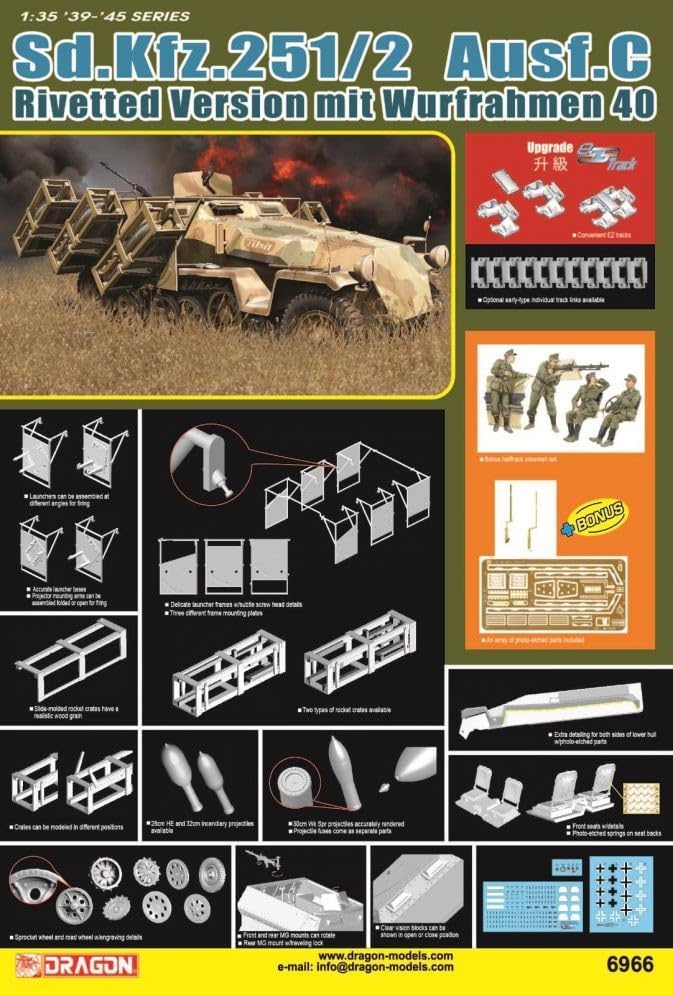 1/35 WW.II German Army Sd.Kfz.251 Ausf.C Rivet Wolf Ramen 40 Model with 4 Figures Included Plastic Model