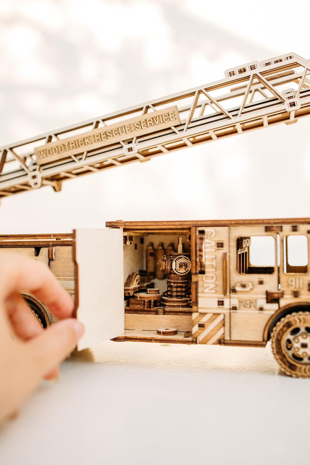 Wood Trick Rescue Firetruck Wooden 3D Puzzles for Adults and Kids to Build - Rides up to 20 ft - Wooden Models Engineering DIY Project Mechanical 3D Wooden Puzzle Model Kits for Adults