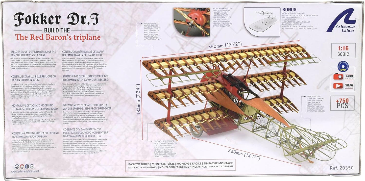 Artesanía Latina 20350. Wooden & metal fighter model Fokker Dr. I 1:16