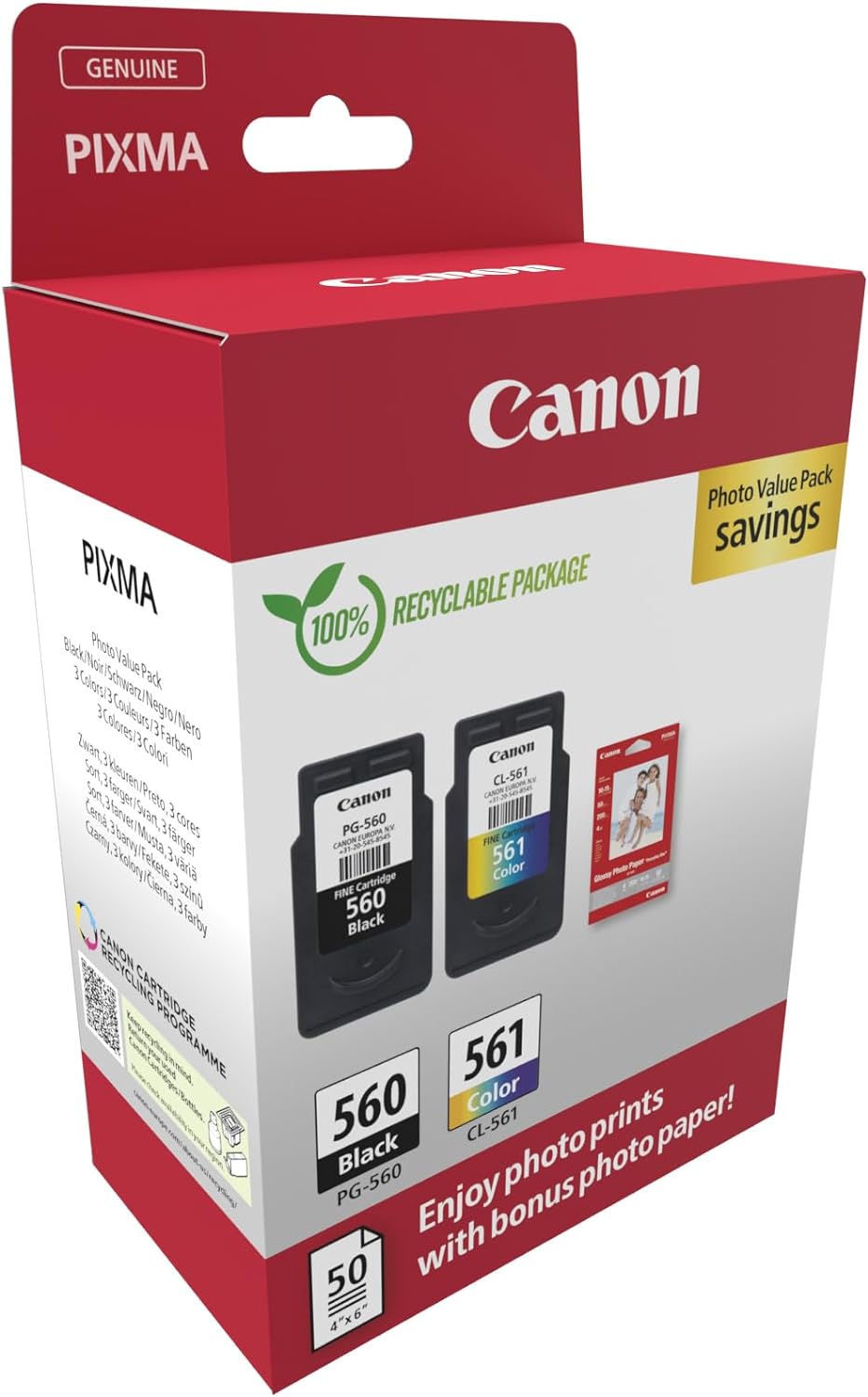 Canon PG-560 / CL-561 Genuine Ink Cartridges, Pack of 2 (1 x Black, 1 x Colour); Includes 50 sheets of 4x6 Photo Paper - Cardboard Multipack