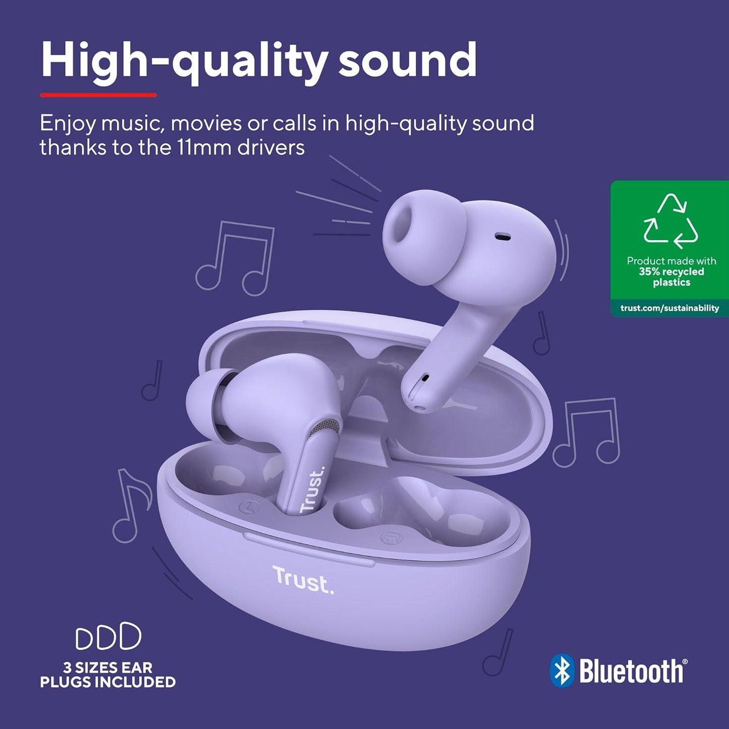 Trust Yavi Wireless Earbuds Bluetooth with ENC Noise Cancelling Microphones, 23 Hours Playtime, 35% Recycled Plastics, 3 Sizes of In-Ear Buds, Bluetooth Earphones iPhone Android iOS