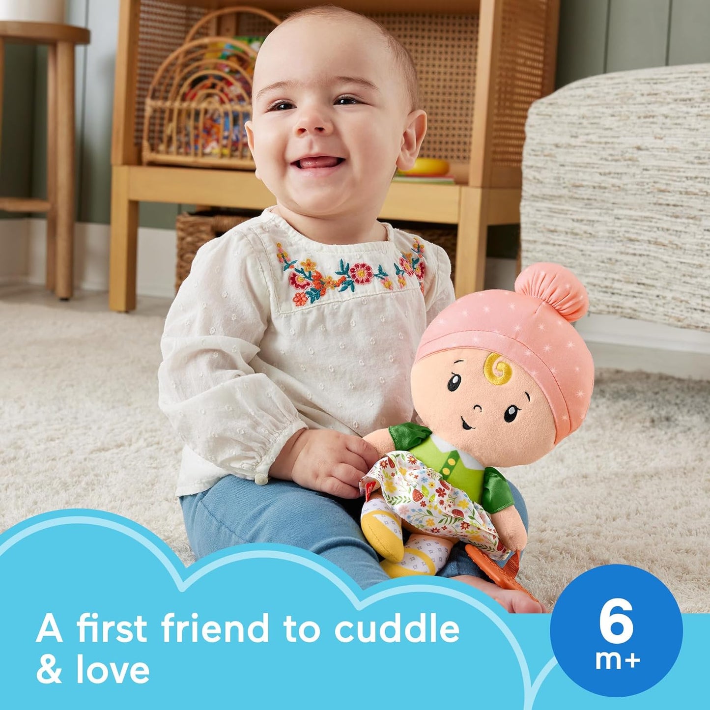 Fisher-Price Baby Sensory Toy Cuddle & Chime First Babydoll for Infants Ages 6+ Months, Each Sold Separately, HXK44