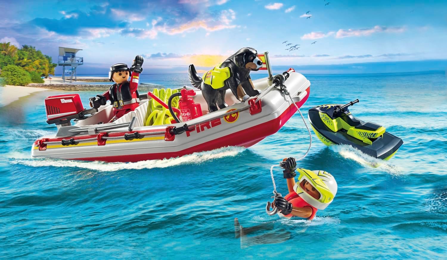 PLAYMOBIL Action Heroes 71464 Feuerwehrboot mit Aqua Scooter, aufregende Wasserrettung, inklusive Taucherbrille, Schwimmflossen und Rettungsweste, realitätsnahes Spielzeug für Kinder ab 4 Jahren