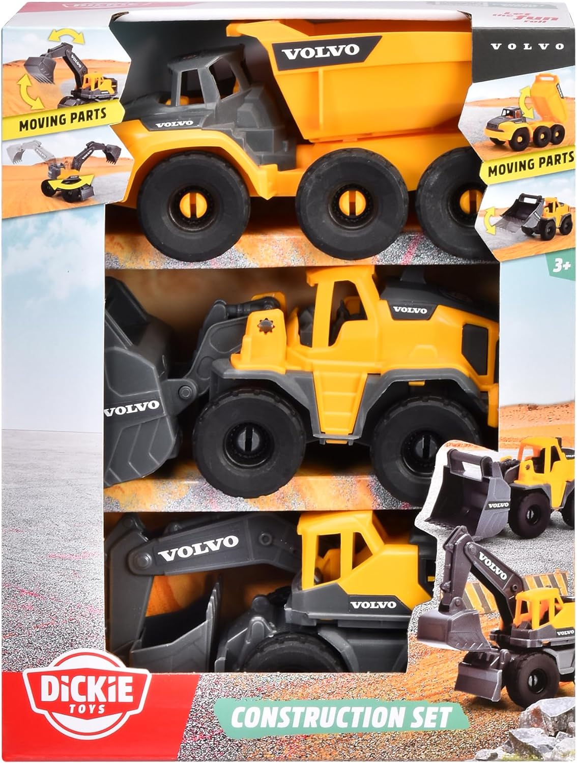 Dickie Toys - Volvo Baustellenfahrzeuge ab 3 Jahre (3 Stück) - Construction Set mit 3 Spielzeugautos (Bagger, Radlader, Kipplaster) für Kinder, je 16 cm, Autos mit Freilauf und beweglichen Teilen
