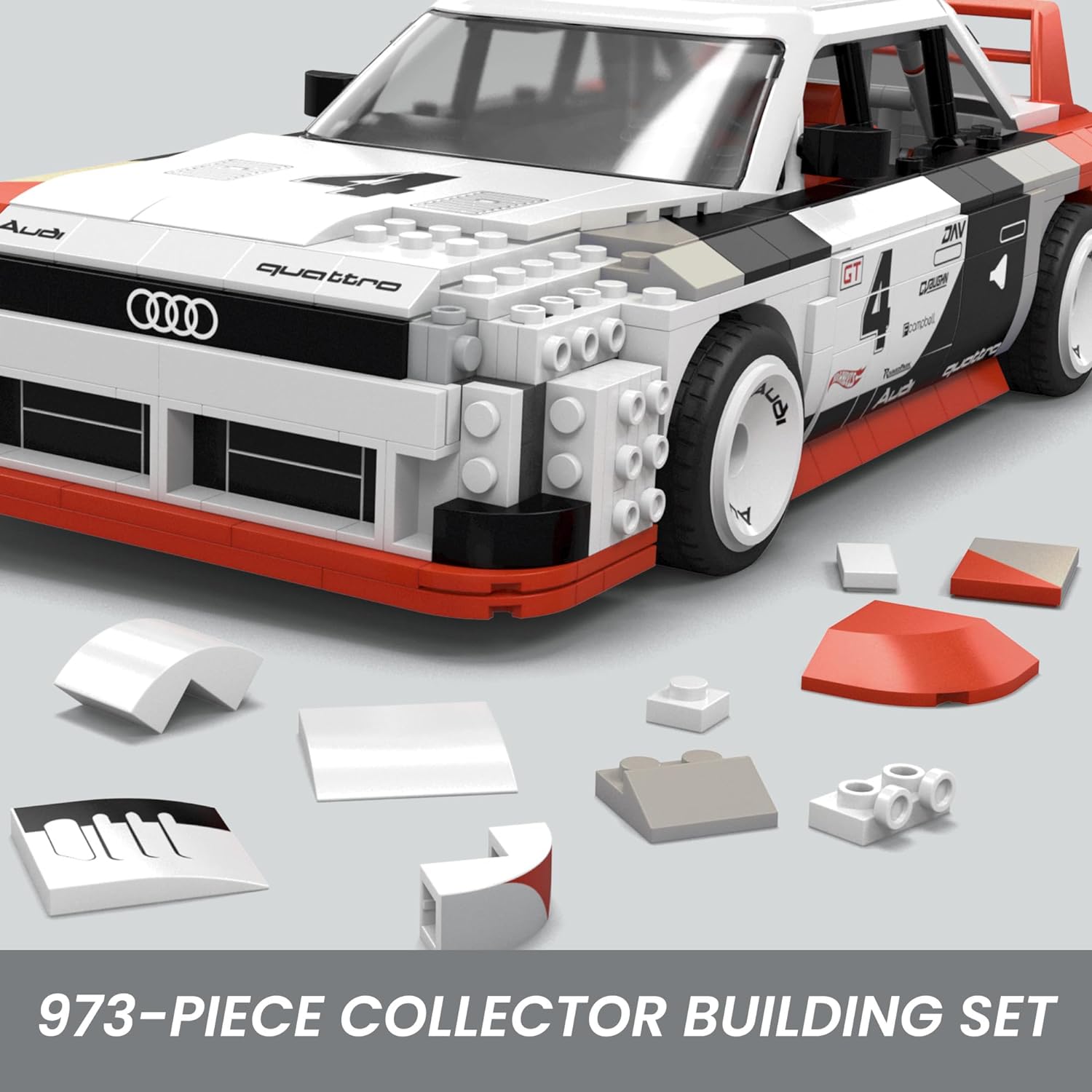 MEGA Hot Wheels Collectible Car Building Toy, Audi 90 Quattro IMSA GTO with 973 Pieces and Die-Cast Model, Build & Display Set for Collectors, Red, HRY20