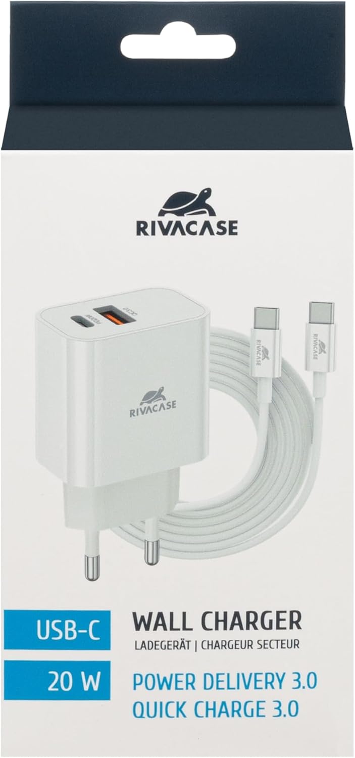 RIVACASE PS4102 WD4 Caricabatterie con cavo USB-C – 20 W PD + QC3.0, due porte tipo C e USB, compatibile con iPhone 15 e più vecchi, iPad, Samsung AFC, LG, Huawei, Xiaomi, Android, alimentatore