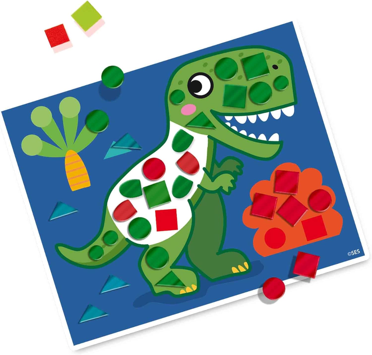 SES Creative 14830 Dinosaurier Mosaik Lernset für Kinder - Mit 4 großen Metallic-Mosaikkarten ab 3 Jahren, Diverse Farben