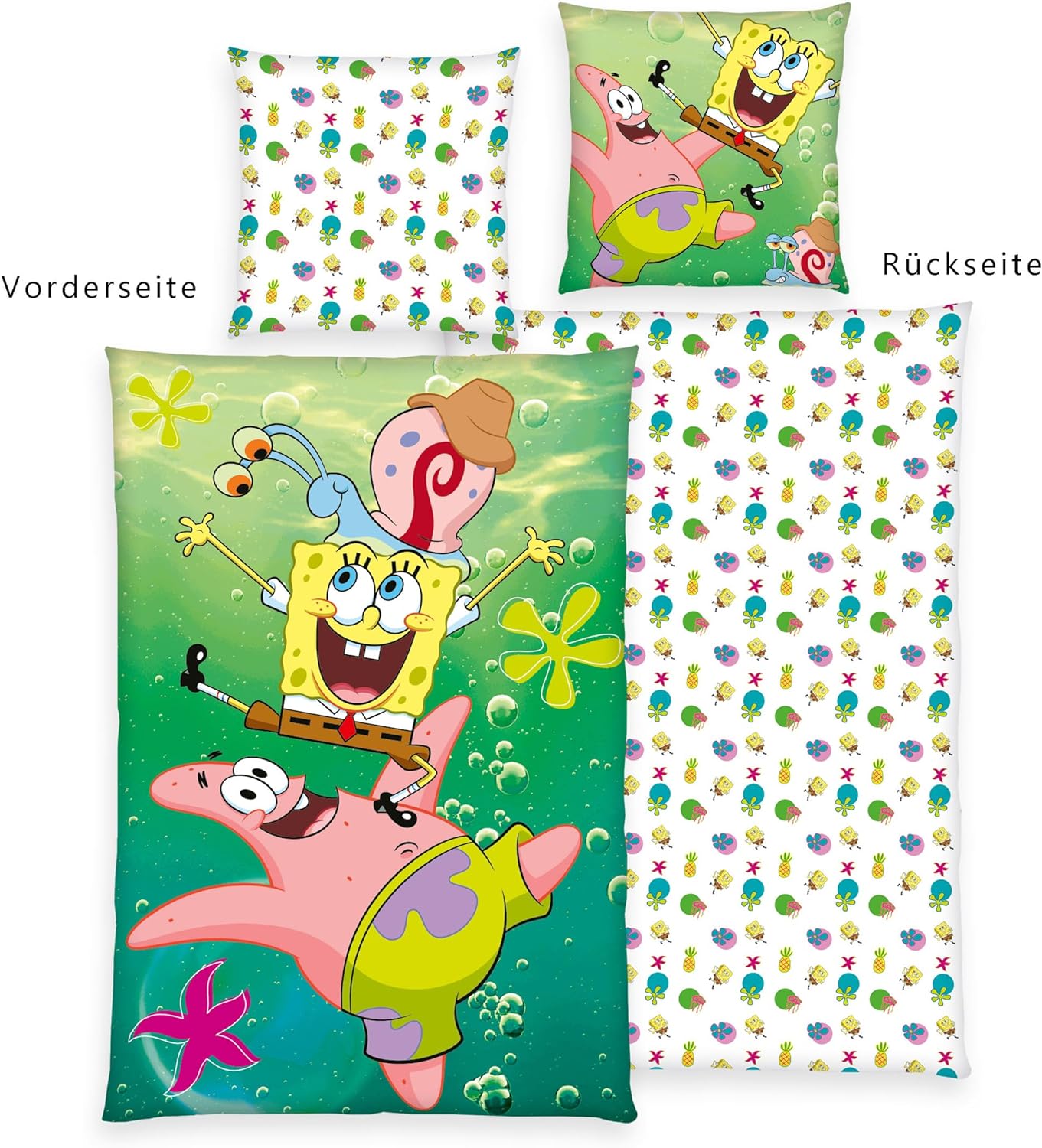 Herding Spongebob Bed Linen, Pillowcase Approx. 80 x 80 cm, Duvet Cover Approx. 135 x 200 cm, with Smooth Zip, 100% Cotton/Renforcé