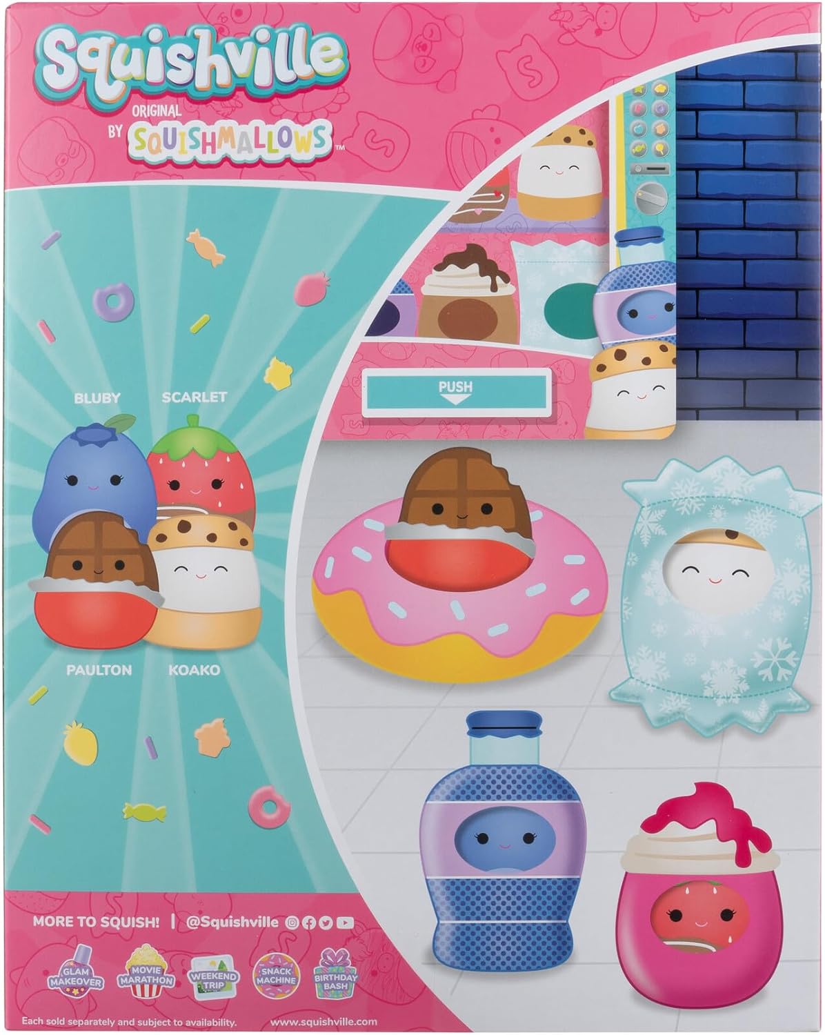 Squishville by Original Squishmallows Snack Machine Accessory Pack - Four 2-inch Squishmallows Plush Including Bluby, Kaoko, Scarlett, and Paulton and Four Plush Costumes - Toys for Kids