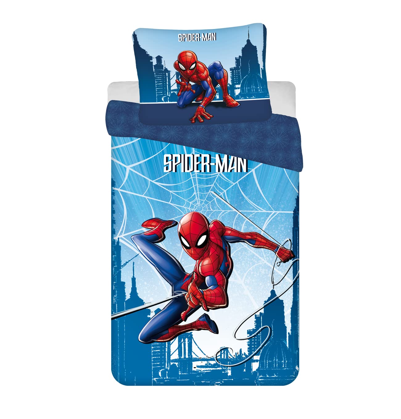 Jerry Fabrics Children's Bed Linen Set, Reversible Bed Linen, Spider-Man City Spider Webs, Blue, Duvet Cover 140 x 200 cm, Pillowcase 70 x 90 cm, 100% Cotton