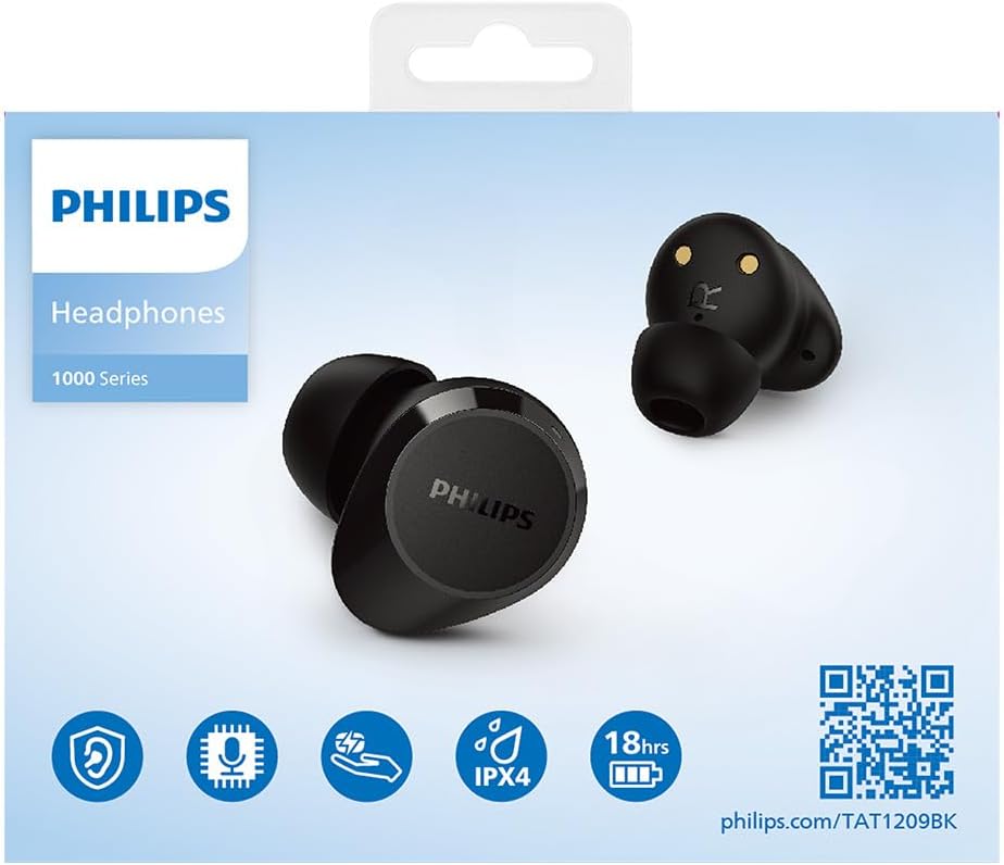 PHILIPS TAT1209BK True Wireless In Ear Bluetooth Headphones - Small Buds, Great Value, Natural Sound with Dynamic Bass, Clear Calls and Pocket-Sized Charging Case