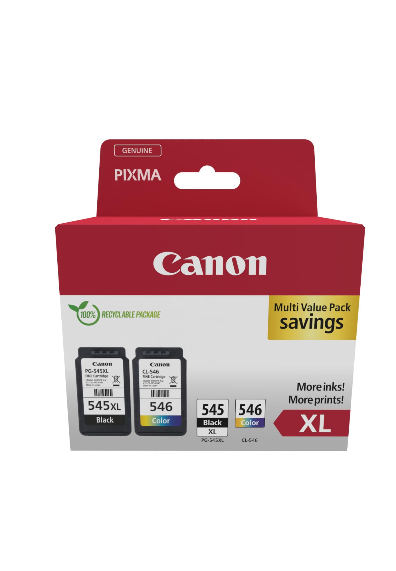 Canon PG-545 XL CL-546 XL VALUE SEC Pack of 2 cartridges (Black XL Colour XL) + 50 sheets of 10x15cm Photo Paper Genuine (Recycled Cardboard Multipack