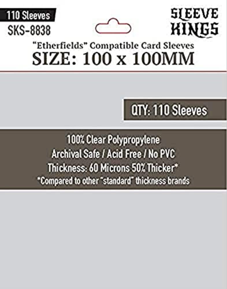 Sleeve Kings Lot de 110 pochettes pour cartes standard Transparent Épaisseur 60 microns Taille XL carrée (100 x 100 mm) Compatible avec Etherfields et plus encore SKU: SKS-8838
