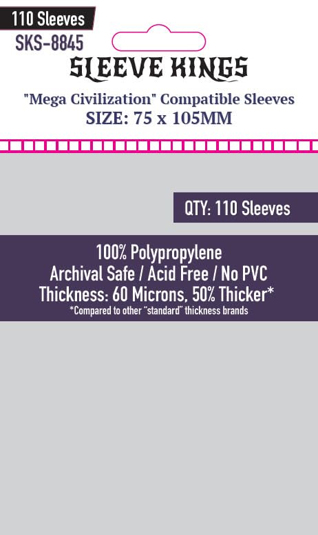 'Mega Civilization Compatible Sleeves (75x105mm) 110 Pack, 60 Microns
