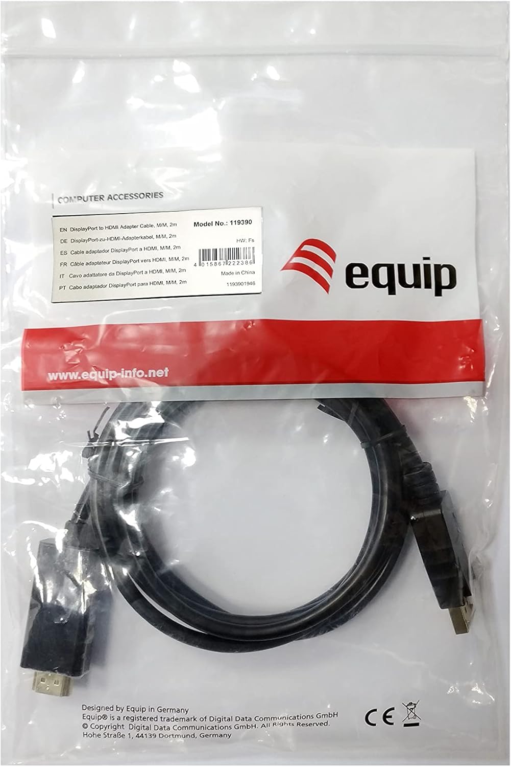 Equip Displayport Male to Hdmi Male Cable 2 M, Black, 119390
