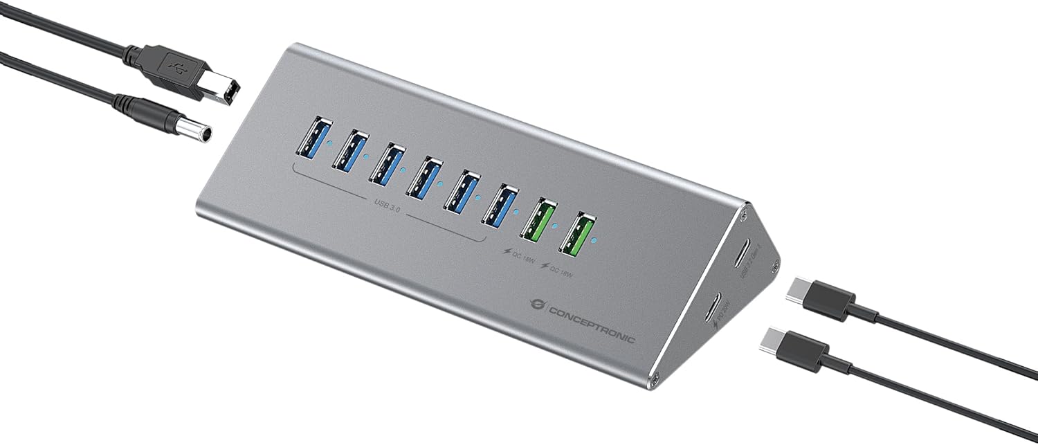 CONCEPTRONIC HUBBIES18G 10-in-1 60W USB 3.0 Hub Charger Combo 2-in-1 USB-C USB-A Cable, USB 3.2 Gen 1
