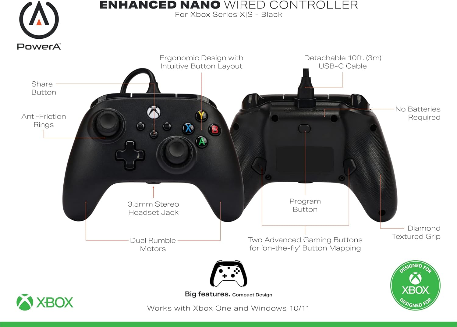 PowerA Nano geavanceerde bedrade controller voor Xbox-series X|S - Zwart