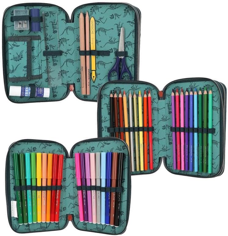 Depesche 11757 Dino World Danger-Filled 3-Compartment Pencil Case with Trex Motif, Dark Green Pencil Case with Colouring Pencils, Ruler, Scissors and Much More, Blue