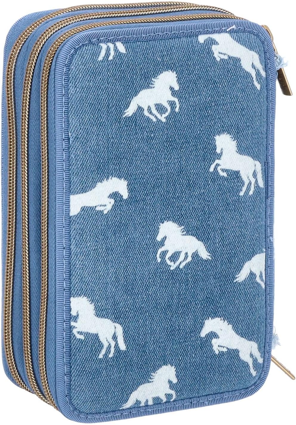 Depesche 12871 Miss Melody Denim - Gefüllte 3-Fach Federtasche mit Pferde Motiv, dunkelblaue Federmappe mit Buntstiften, Lineal, Schere UVM.