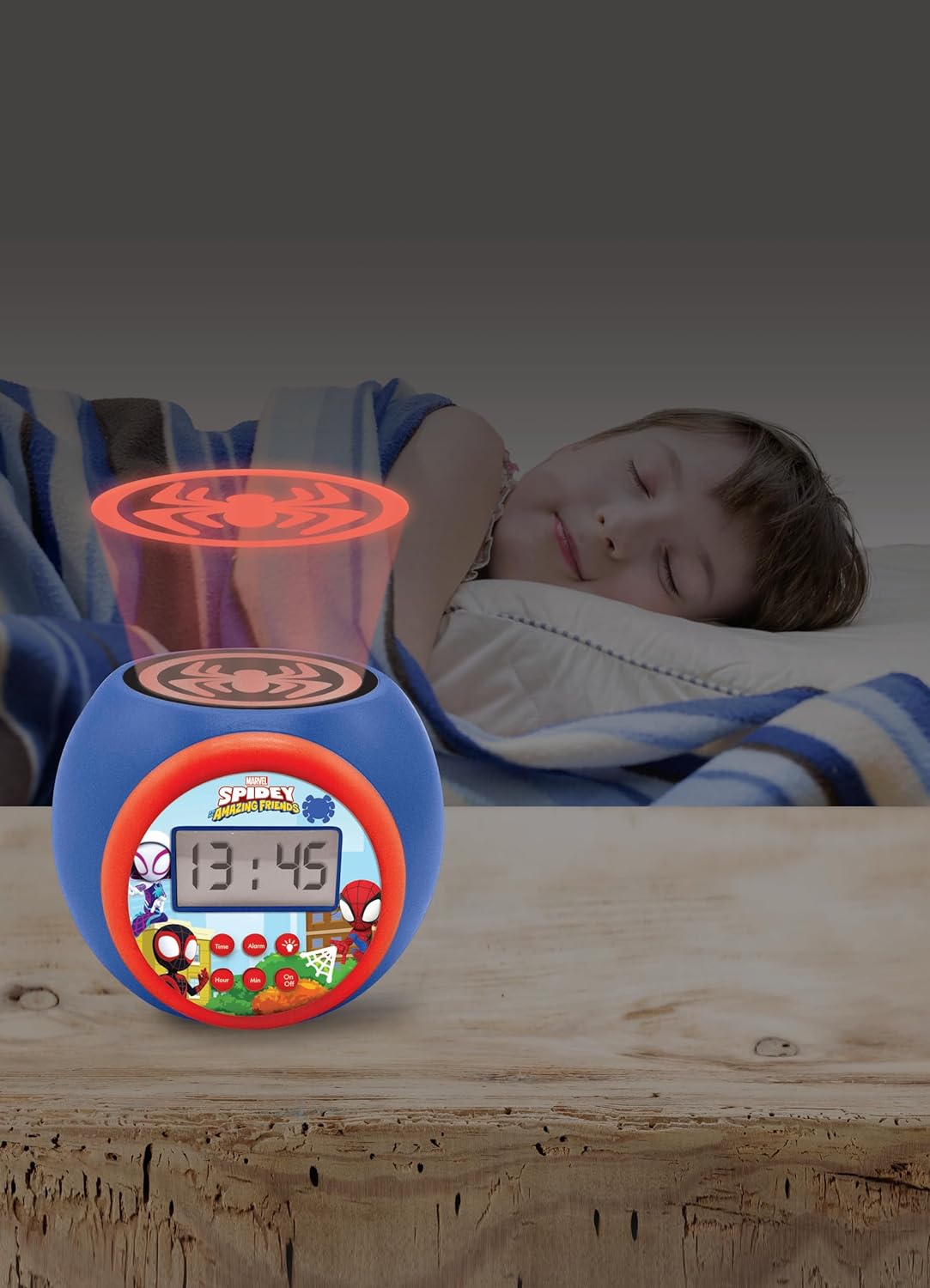 Lexibook, Spidey & His Amazing Friends, Projector clock with snooze alarm function, Night light with timer, LCD screen, battery operated, Blue