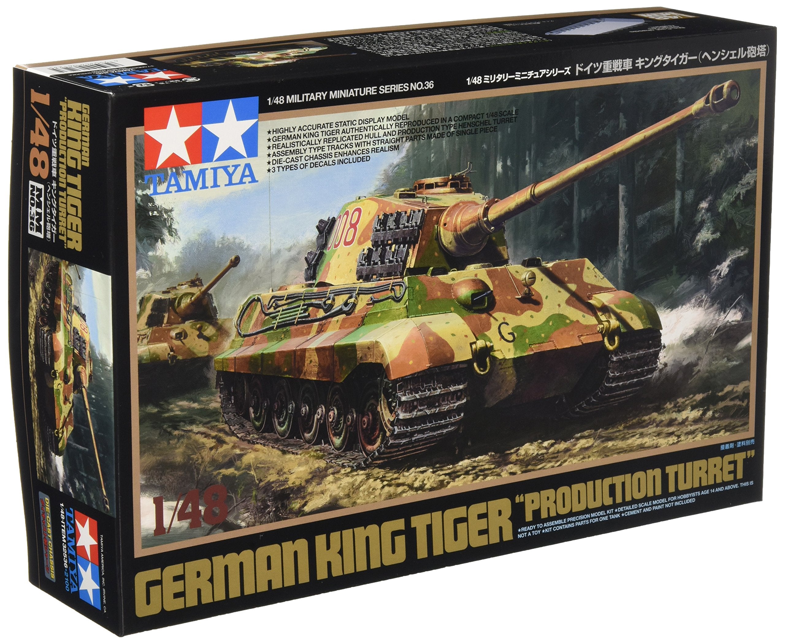 TAMIYA 300032536 King 1:48 German Royal Tiger Henschel Tower, Faithful Replica, Model Building, Plastic Kit, Crafts, Hobby, Gluing, Plastic Kit, Assembly, Unpainted